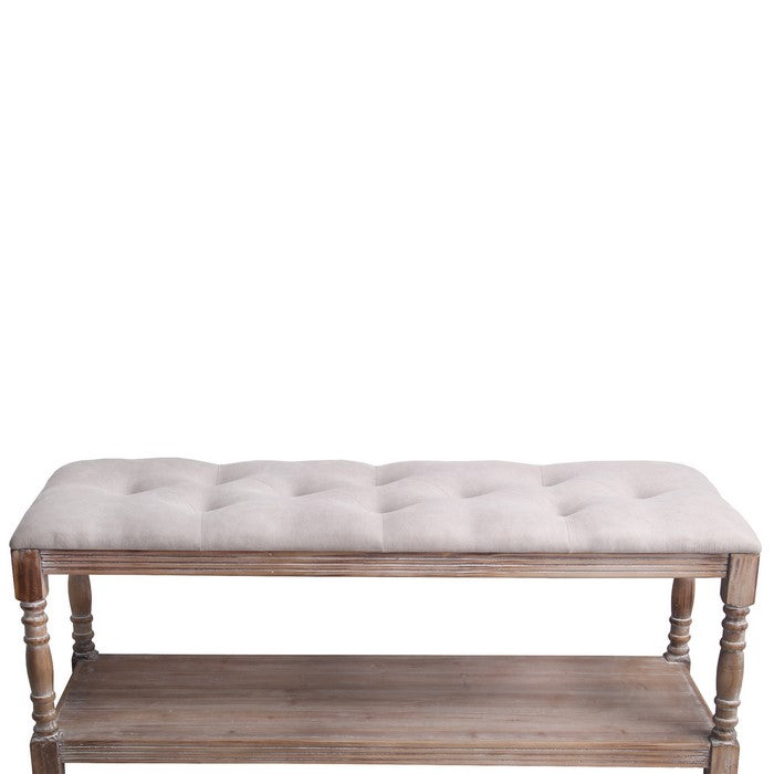 Wood and Tufted Fabric Upholstered Bench, Large, White and Brown