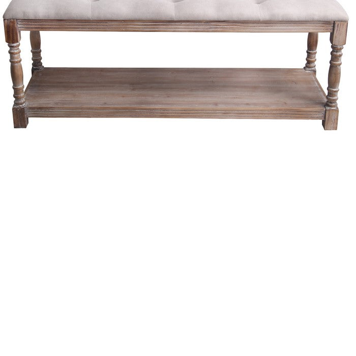 Wood and Tufted Fabric Upholstered Bench, Large, White and Brown