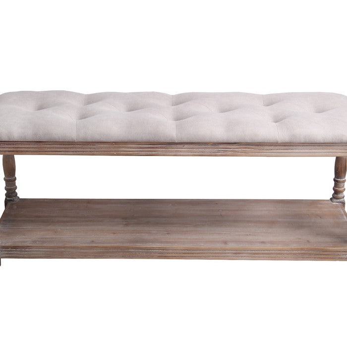 Wood and Tufted Fabric Upholstered Bench, Large, White and Brown