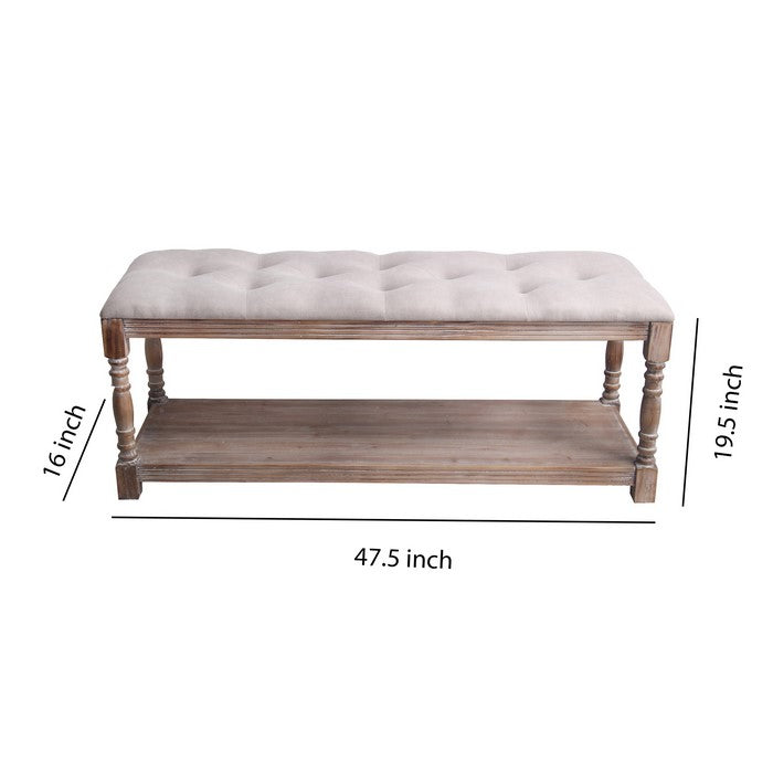 Wood and Tufted Fabric Upholstered Bench, Large, White and Brown