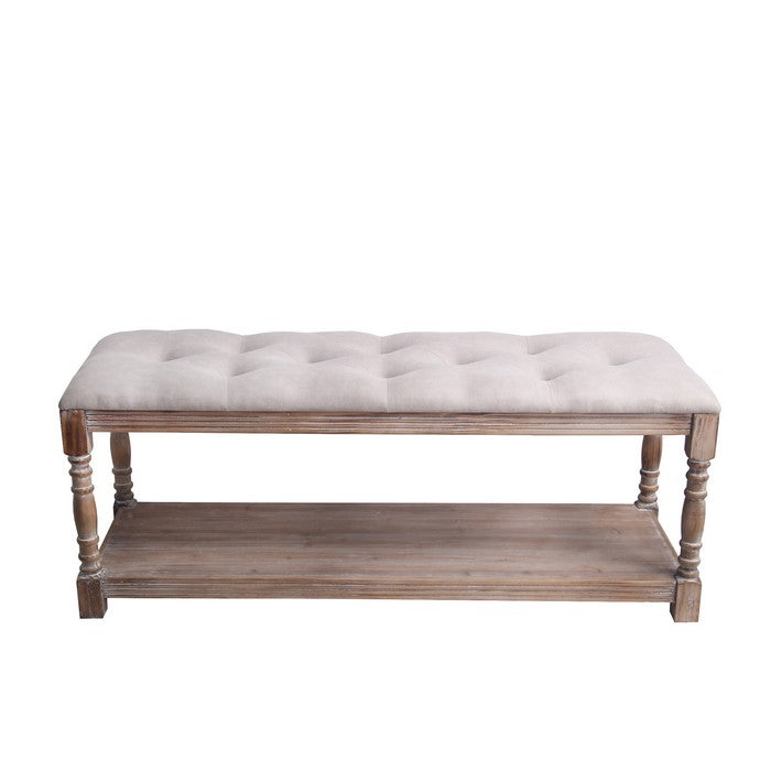 Wood and Tufted Fabric Upholstered Bench, Large, White and Brown