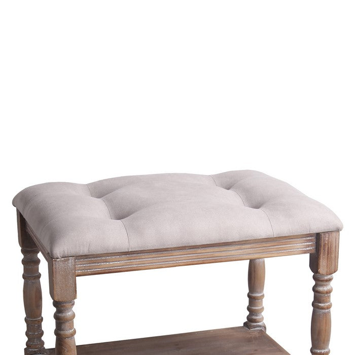 Wood and Tufted Fabric Upholstered Bench, Small, White and Brown