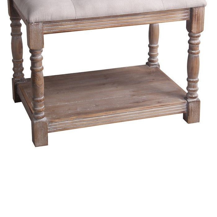 Wood and Tufted Fabric Upholstered Bench, Small, White and Brown