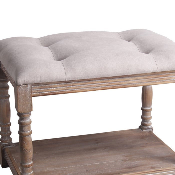 Wood and Tufted Fabric Upholstered Bench, Small, White and Brown