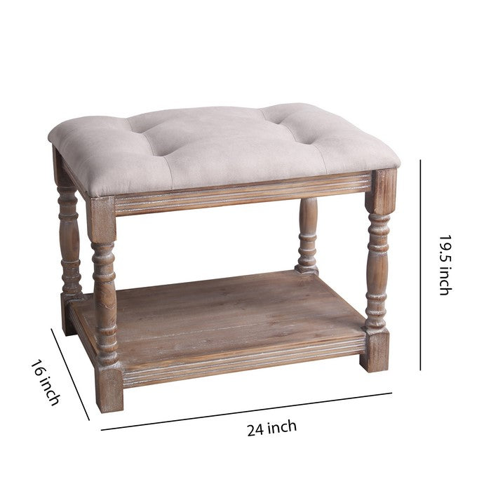 Wood and Tufted Fabric Upholstered Bench, Small, White and Brown