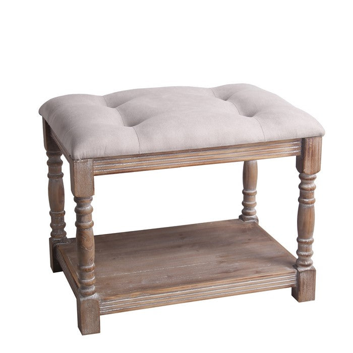 Wood and Tufted Fabric Upholstered Bench, Small, White and Brown
