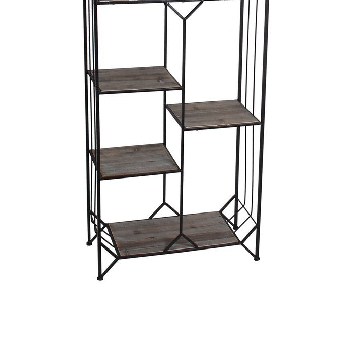 Geometric Wood and Metal Bakers Rack with Slatted Frame,Gray and Black