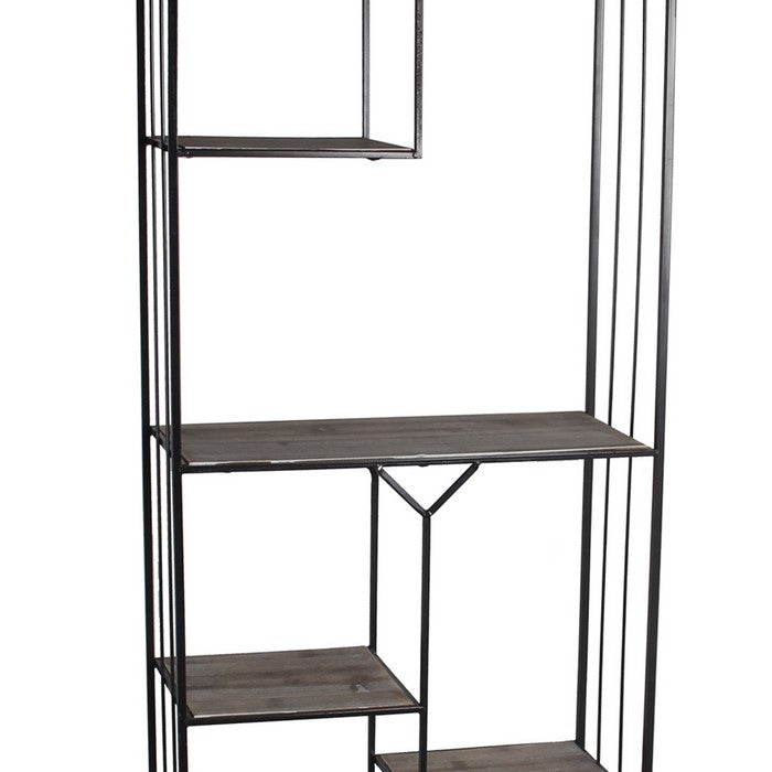 Geometric Wood and Metal Bakers Rack with Slatted Frame,Gray and Black