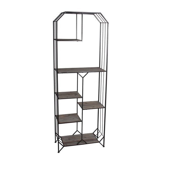 Geometric Wood and Metal Bakers Rack with Slatted Frame,Gray and Black