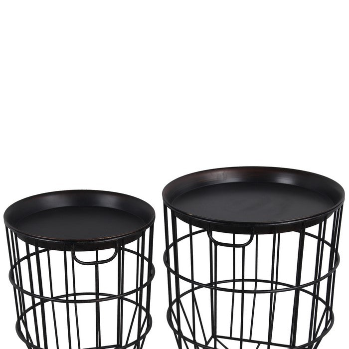 2 Piece Round Metal Accent Stand with Slatted Geometric Base, Black