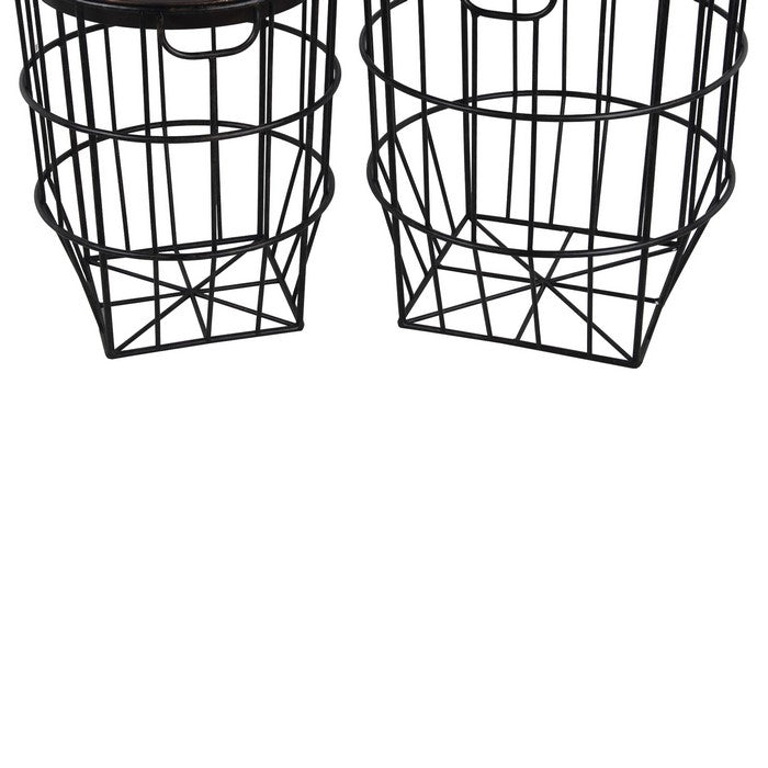 2 Piece Round Metal Accent Stand with Slatted Geometric Base, Black