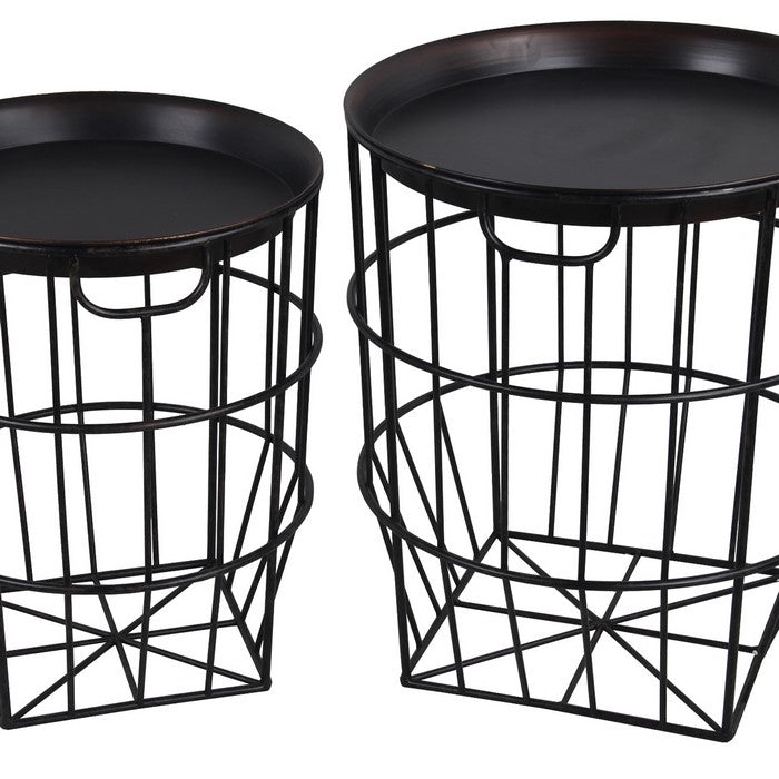 2 Piece Round Metal Accent Stand with Slatted Geometric Base, Black