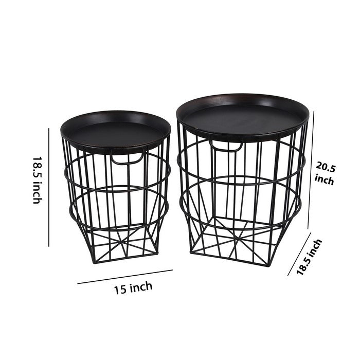 2 Piece Round Metal Accent Stand with Slatted Geometric Base, Black