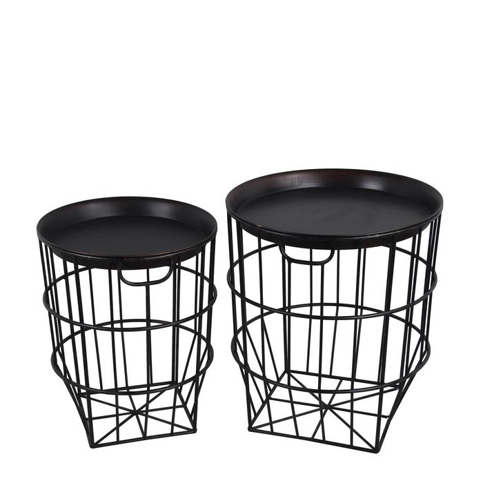 2 Piece Round Metal Accent Stand with Slatted Geometric Base, Black