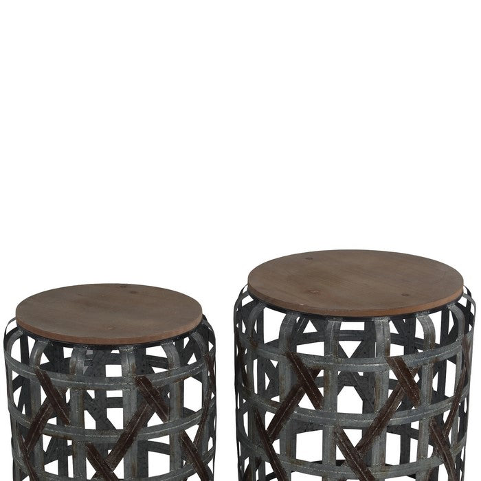 2 Piece Round Accent Stand with Cut out Geometrical Base,Gray and Brown