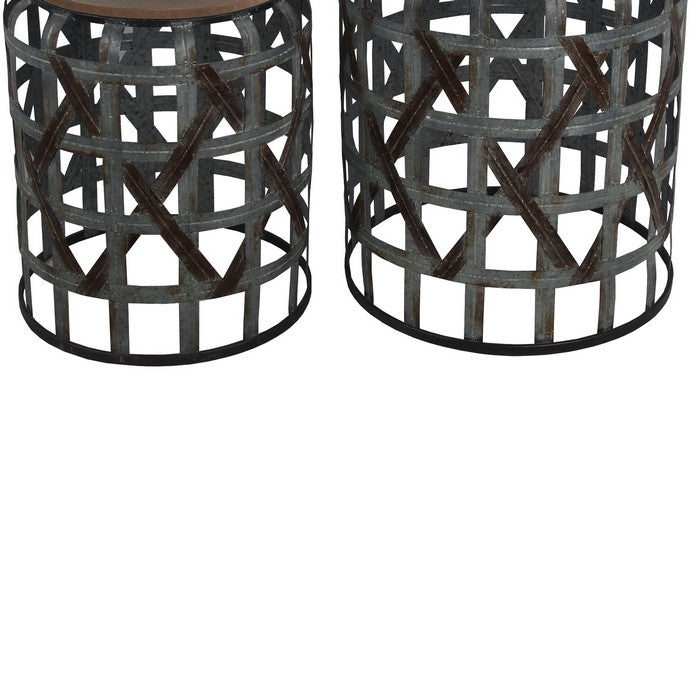 2 Piece Round Accent Stand with Cut out Geometrical Base,Gray and Brown
