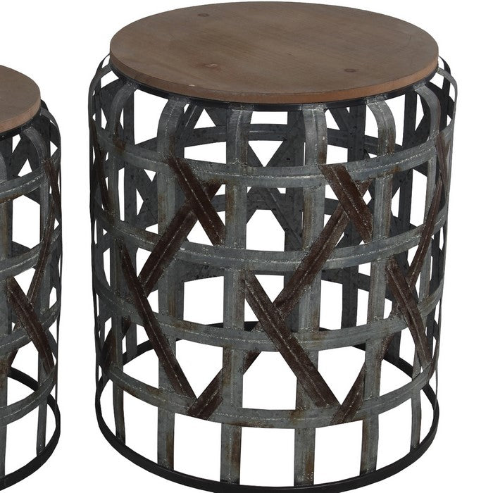 2 Piece Round Accent Stand with Cut out Geometrical Base,Gray and Brown