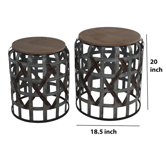 2 Piece Round Accent Stand with Cut out Geometrical Base,Gray and Brown