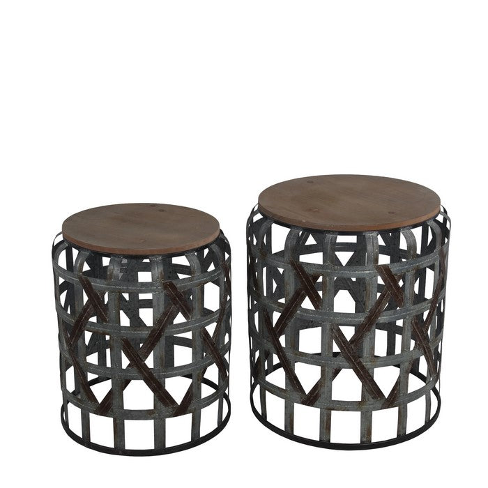 2 Piece Round Accent Stand with Cut out Geometrical Base,Gray and Brown