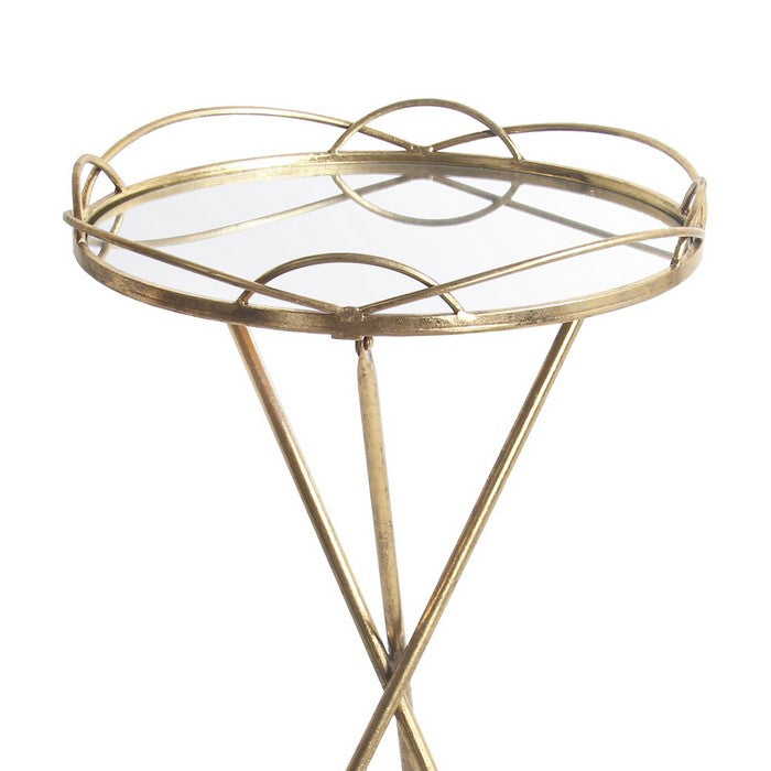 Round Metal and Mirror Accent Stand with Tripod Support, Gold