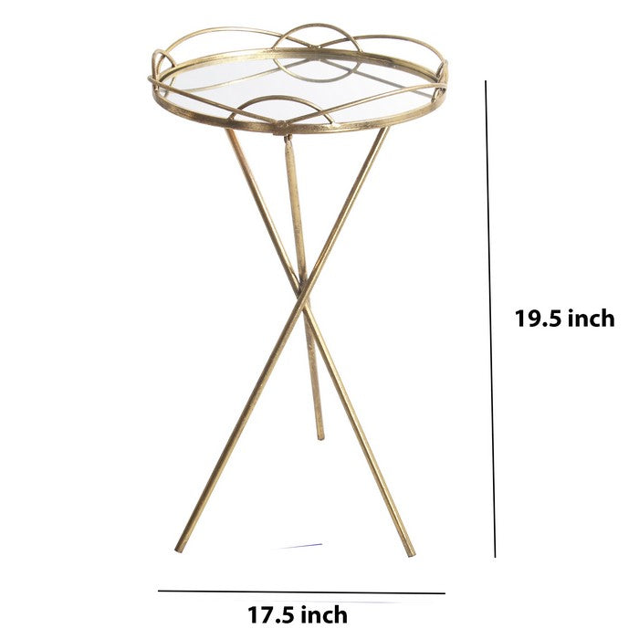 Round Metal and Mirror Accent Stand with Tripod Support, Gold