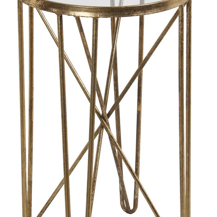 Round Metal and Mirror Accent Stand with Hairpin Legs Support, Gold