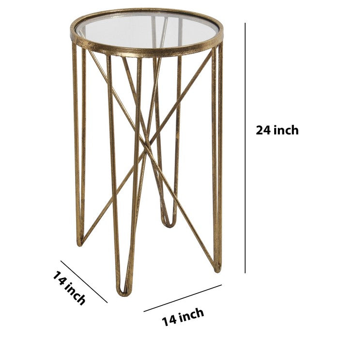 Round Metal and Mirror Accent Stand with Hairpin Legs Support, Gold