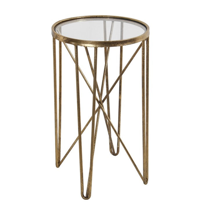 Round Metal and Mirror Accent Stand with Hairpin Legs Support, Gold