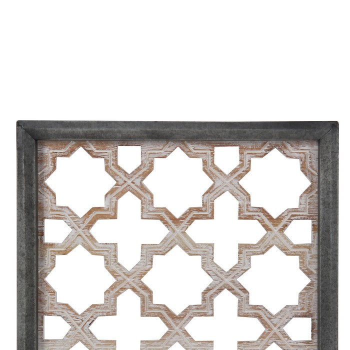 Farmhouse Style Wooden Wall Decor with Lattice Cut outs, Gray and Brown