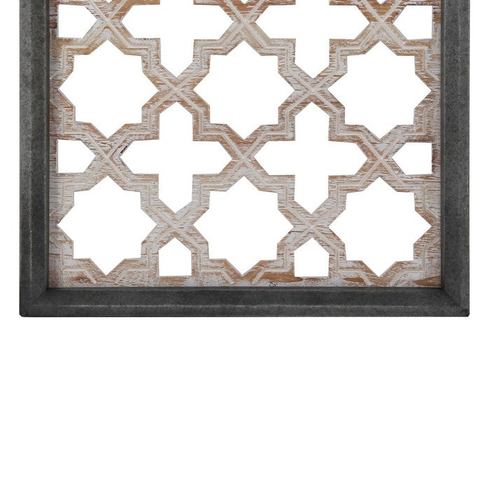 Farmhouse Style Wooden Wall Decor with Lattice Cut outs, Gray and Brown