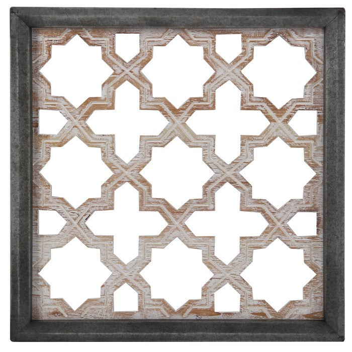 Farmhouse Style Wooden Wall Decor with Lattice Cut outs, Gray and Brown