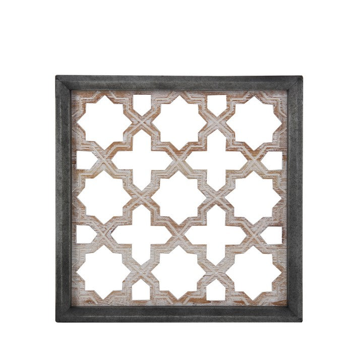 Farmhouse Style Wooden Wall Decor with Lattice Cut outs, Gray and Brown