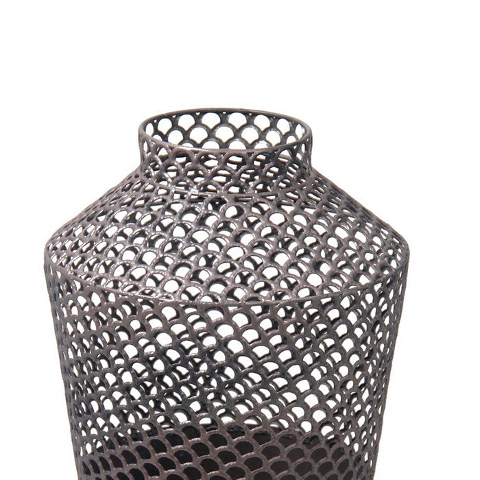 Contemporary Style Metal Vase with Mesh Top Design, Gray