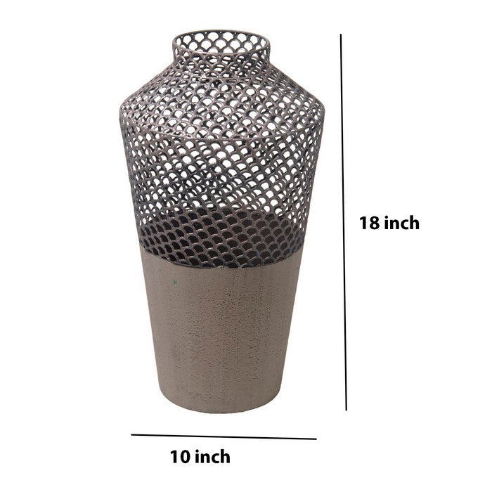 Contemporary Style Metal Vase with Mesh Top Design, Gray