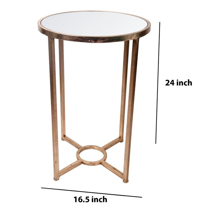 Mirror Top Accent Side Table with Metal Base and Tubular Legs, Gold