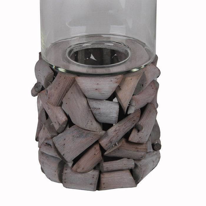 Quaint Style Wood and Glass Candleholder, Large, Gray and Clear