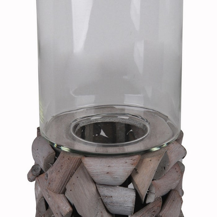 Quaint Style Wood and Glass Candleholder, Large, Gray and Clear