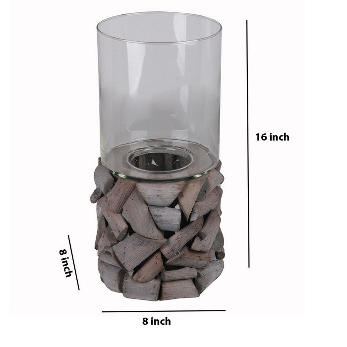 Quaint Style Wood and Glass Candleholder, Large, Gray and Clear