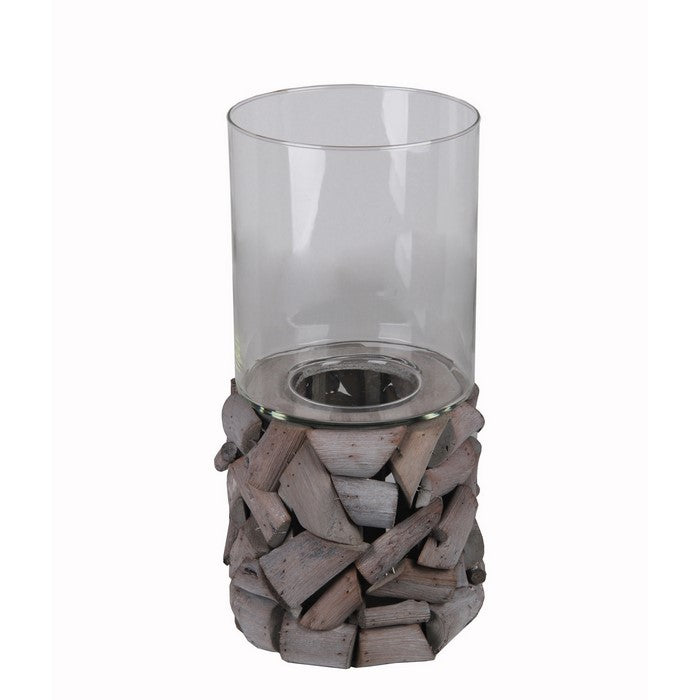 Quaint Style Wood and Glass Candleholder, Large, Gray and Clear