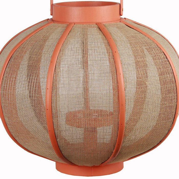 Farmhouse Wood and Metal Lantern with Mesh Details, Orange and Beige