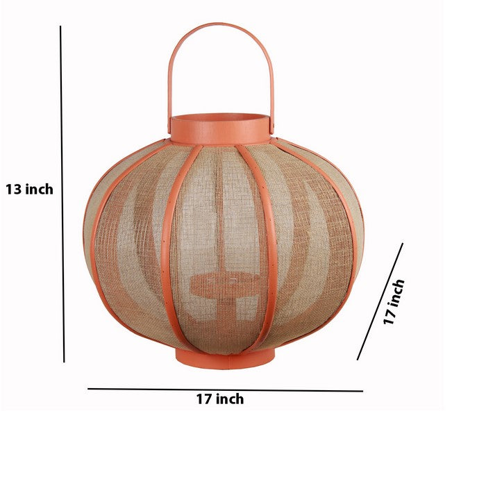 Farmhouse Wood and Metal Lantern with Mesh Details, Orange and Beige