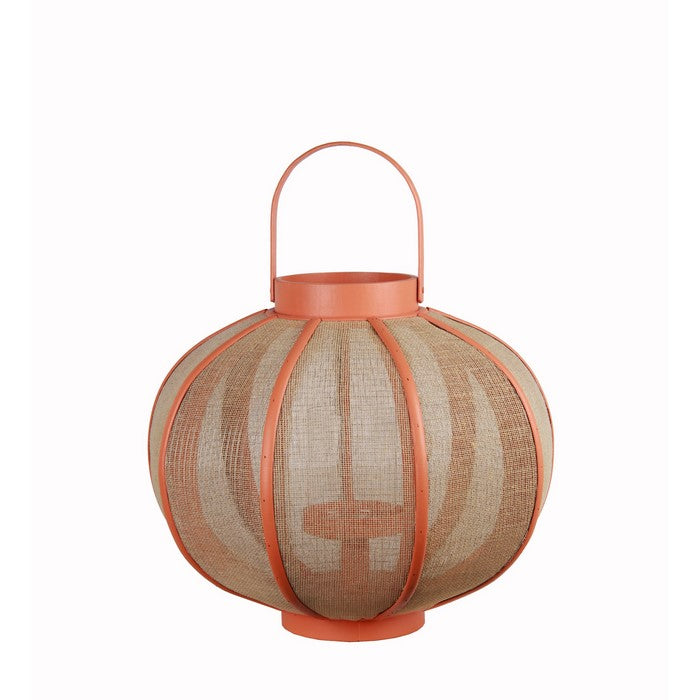 Farmhouse Wood and Metal Lantern with Mesh Details, Orange and Beige