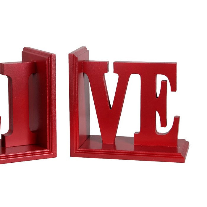 Contemporary LIVE Word Wooden Bookends with Cut Out Accents, Red