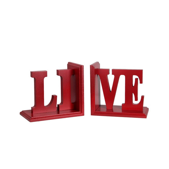 Contemporary LIVE Word Wooden Bookends with Cut Out Accents, Red
