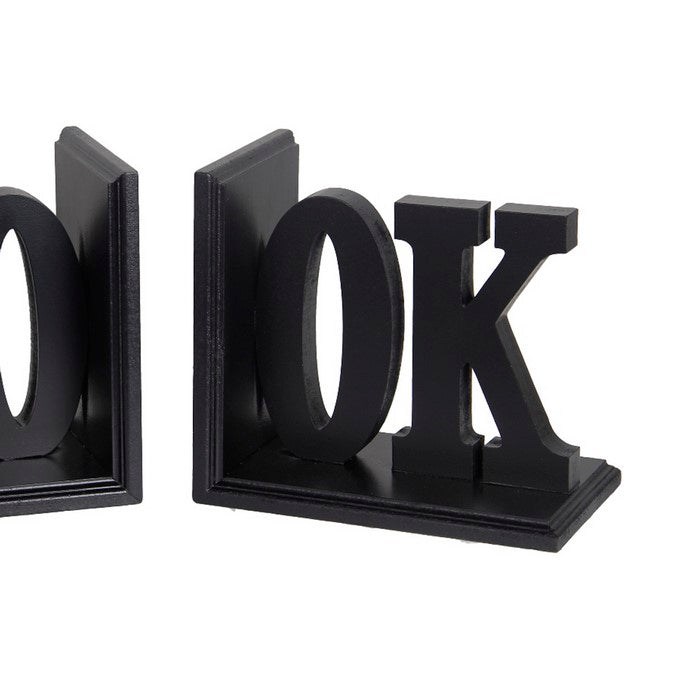 Contemporary BOOK Word Wooden Bookends with Cut Out Accents, Black