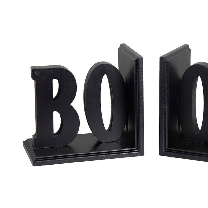 Contemporary BOOK Word Wooden Bookends with Cut Out Accents, Black