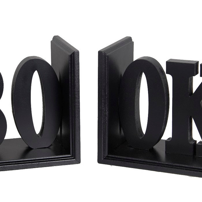 Contemporary BOOK Word Wooden Bookends with Cut Out Accents, Black