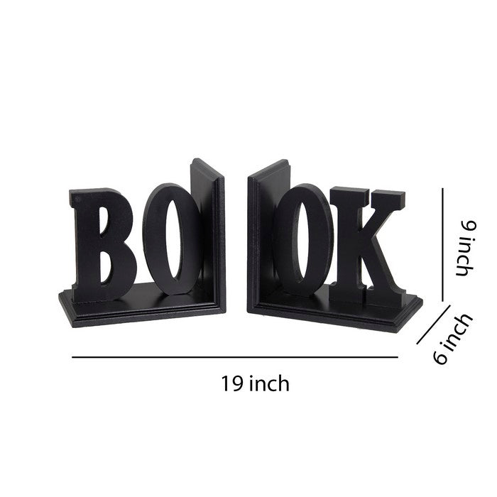 Contemporary BOOK Word Wooden Bookends with Cut Out Accents, Black