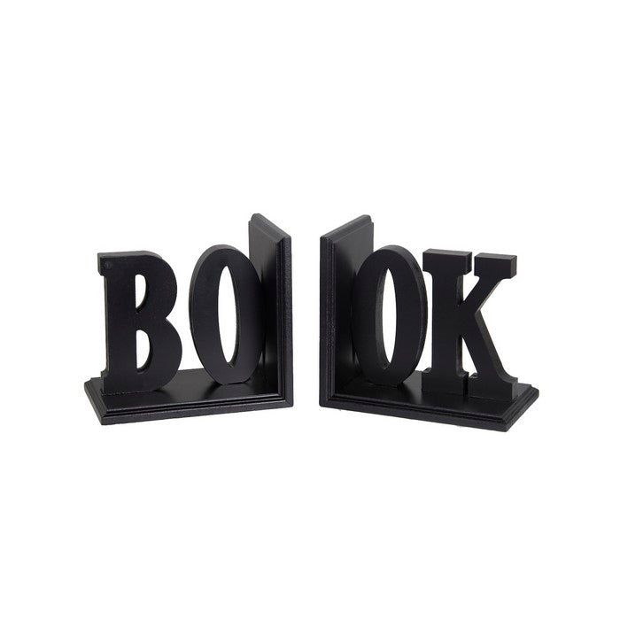 Contemporary BOOK Word Wooden Bookends with Cut Out Accents, Black