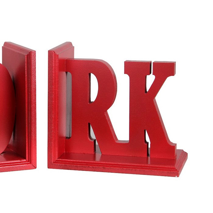 Contemporary WORK Word Wooden Bookends With Cut Out Accents, Red